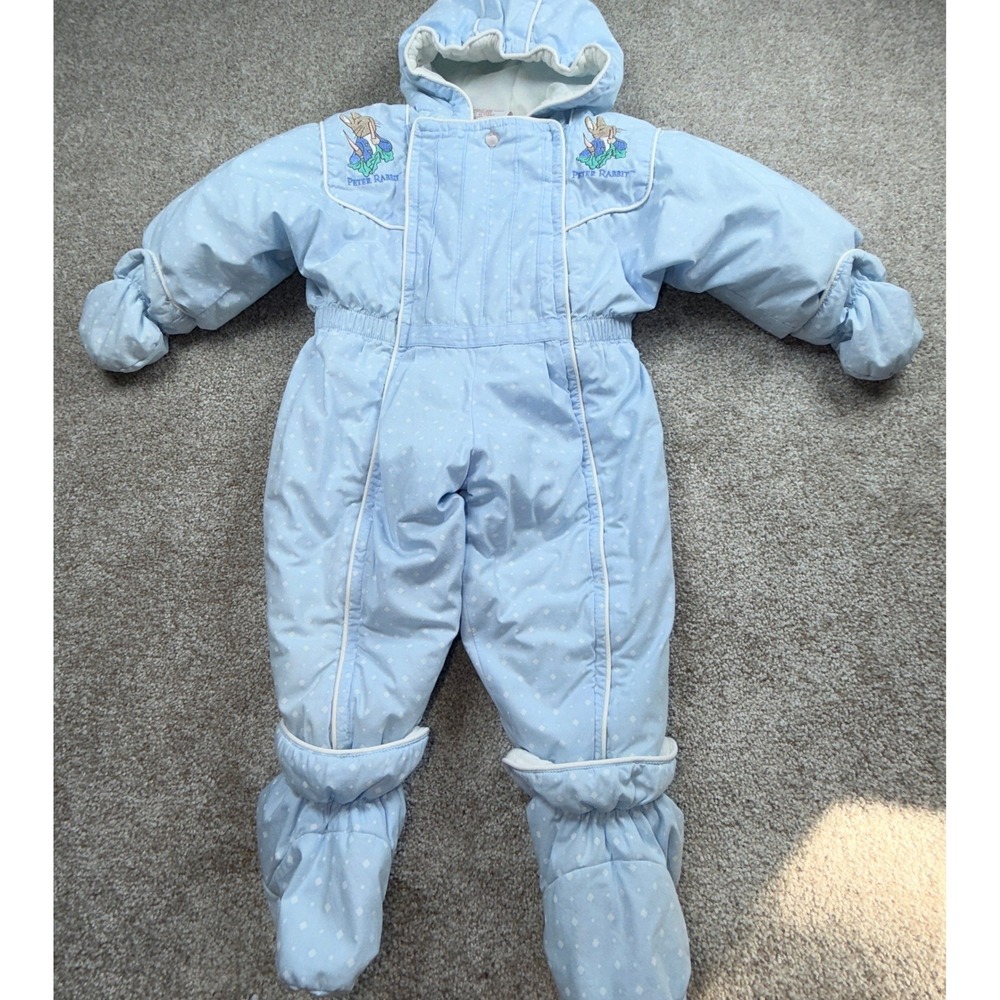 Vintage Peter Rabbit Quiltex Baby Snowsuit 18 Months Blue Hooded Bunting 90s
